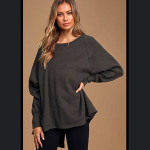 Free People Black Amelia Slit-Back Oversized Long Sleeve Thermal Top Size Small